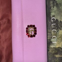 New Gucci Pink Leather Long Flap Wallet with Red Crystal GG Flower 499779 5871