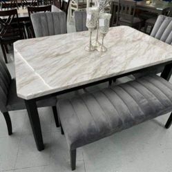 ✅️✅️ 5 pc Pascal black wood finish faux marble top dining table set grey fabric (Bench not included)✅️
