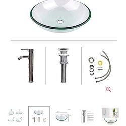 16.5" Bathroom Vessel Sink Modern Artistic Single Clear Round Tempered Glass Basin Countertop Bowl Sink for Lavatory Vanity Cabinet, W/Water Save Fauc