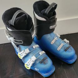 Blue ski boots with adjustable straps.  fits big kids size 36  5Y