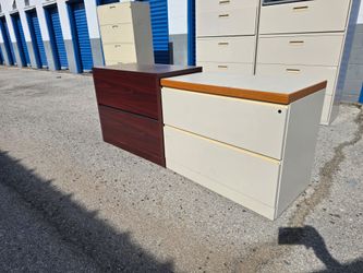 Metal and wood side filing cabinets with 2 drawers