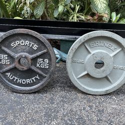 PAIR  OF  35  LB.  OLYMPIC  PLATES
•  Also Have  : 45s 25s 10s 5s  PLATES  & DUMBBELLS  • BARS 