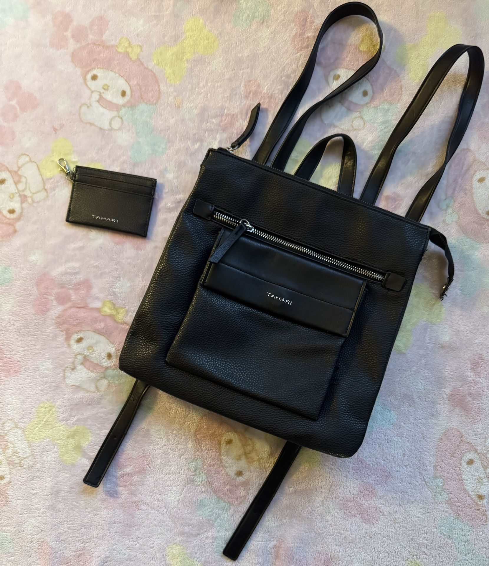 Tahari designer black leather backpack purse with matching card holder (NEW)