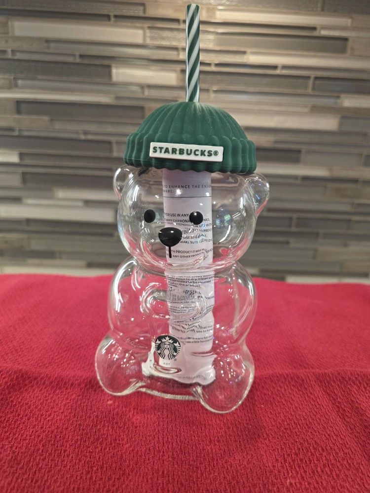 NEW Starbucks Bearista Bear Cup – Glass Bear w/ Green Beanie Lid & Straw - Limited Edition 