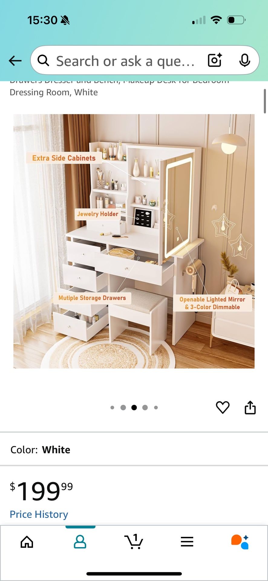 DYHOME Makeup Vanity Desk with LED Lights Mirror 3 Adjustable Modes and Power Outlets, Vanity Table with 6 Drawers Dresser and Bench, Makeup Desk for