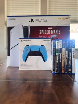 🎮 PS5 Slim Disc Edition (Spider-Man Bundle) + 2 Controllers & 8 Games Price: $525 (Firm / Cash or Zelle for local pickup) Condition: Like New / Excel