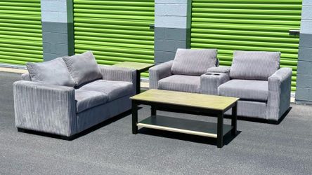 Modern Corduroy Living Room Set w/ USB Charging, Cupholders, & Storage