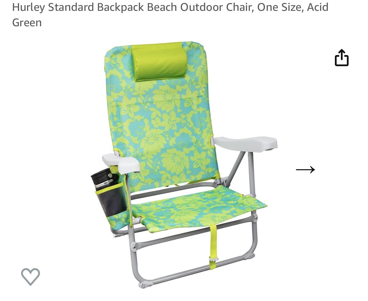 Hurley Standard Backpack Beach Outdoor Chair, One Size, Acid Green