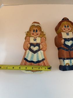 Hand Painted Wooden Pilgrim Couple Figurines Thanksgiving Fall Decor Set of 2 9 Inch
