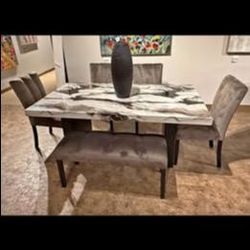 6 Pc Faux Marble Dining Table Set
