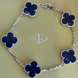18k white gold Van cleef Alhambra style Blue Pietersite 5 motifs clover shape stone bracelet