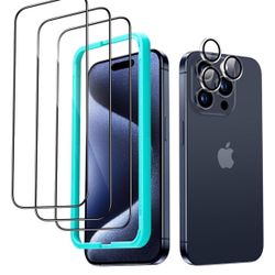 ESR 3+1 Pack for iPhone 15 Pro Max Screen Protector, 3 Black Edge Tempered-Glass Film and 1 Set Camera Lens Protector, 2.5D Curved Edges, Full-Coverag