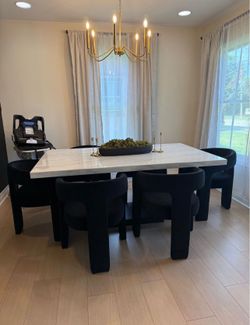 Marble Top Dining Table with 6 Black Chairs
