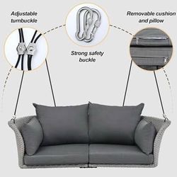 New & Assembled Outdoor 2-Person Hanging Seat Adjustable Rope Rattan Woven Swing Chair Hanging Seat