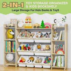 Kids Toy Organizer with Bookshelf, 4-Tier W/8 Removable Storage Bins, Solid Wood Bookshelf and Toy Storage for Study Room, Kids Room, Classroom, Nurse