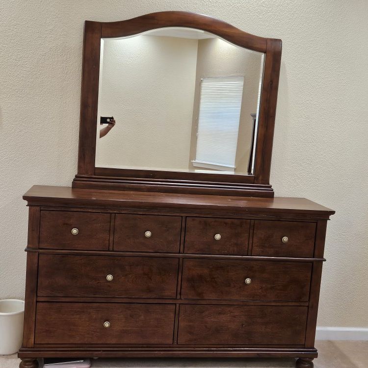 Walnut Brown Dresser And Mirror