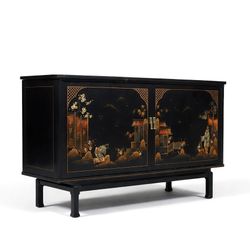 Mid-Century Chinoiserie Black Lacquer TV & Stereo Console with Olympic KC370 Television, c.1960's - Delivery Available 