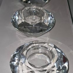 Three Diamond Cut Round Crystal Candle Votive Holders Aurora Borealis  H1.5 Diameter 4"  Inside Diameter 1.75"$25  Each 