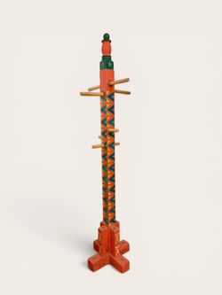 Vintage Southwestern Folk Art Coat Rack with Leather-Trimmed Pegs