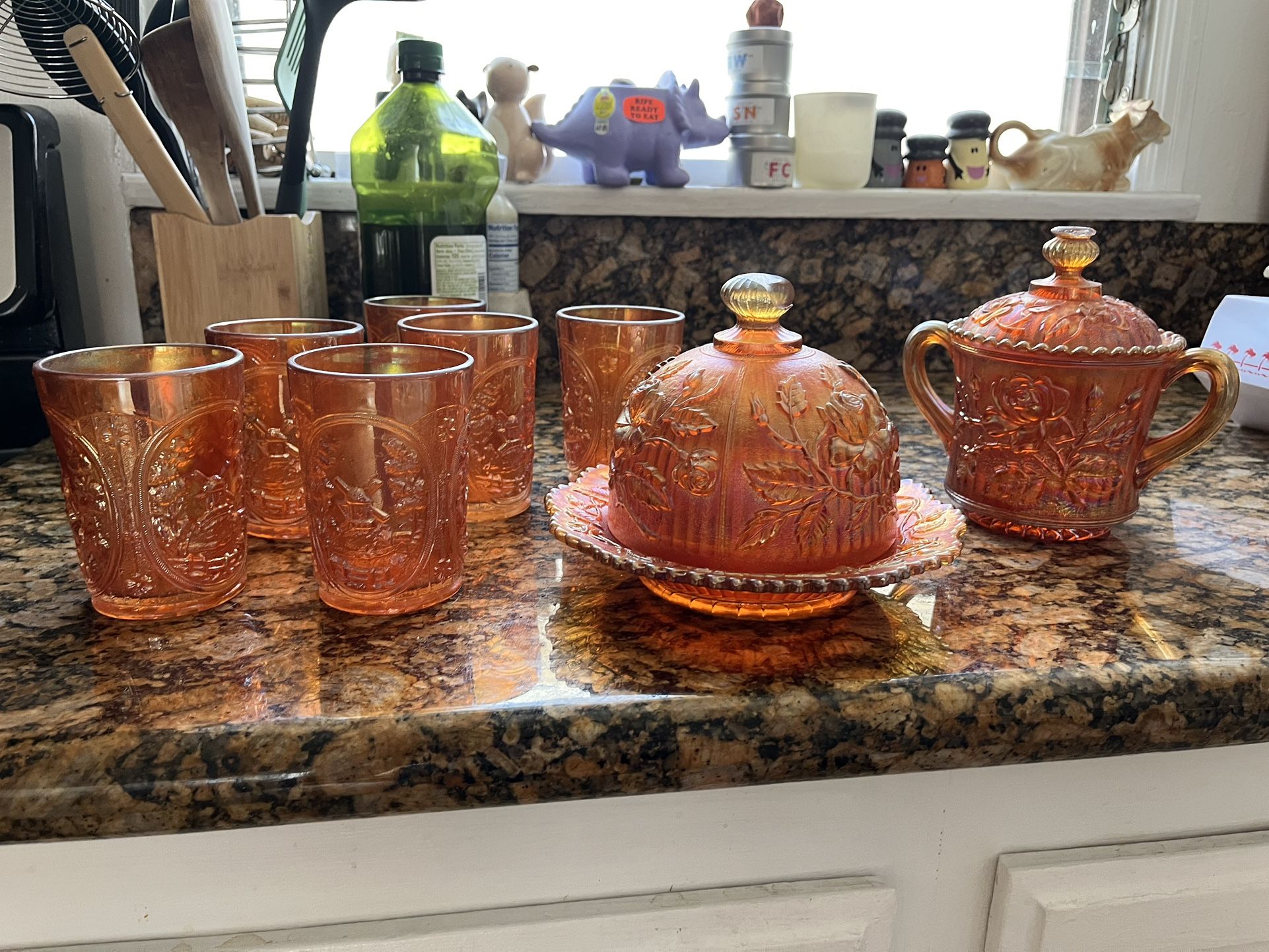 Imperial Marigold Carnival Glass Lustre Rose Set