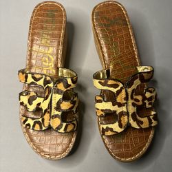 Sam Edelman Regis Cheetah Platform Cork Wedge Sandals  10 Pony hair Mob Wife