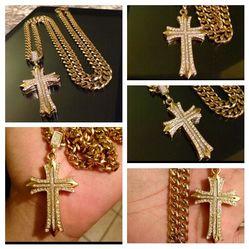 Gold Plated Swarovski Crystal Cross & Miami Cuban Link Chain 30"/10mm