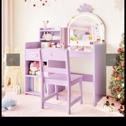 Kids Vanity with Lighted Mirror,Princess Vanity Set Vanity Table & Chair Set with Open Bookshelf, Storage Cabinet & Shelves for Little Girls - Color: 