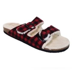 Madden Girl Womans Butterfly Slide Sandal Red Buffalo Check Faux Fur Size 10