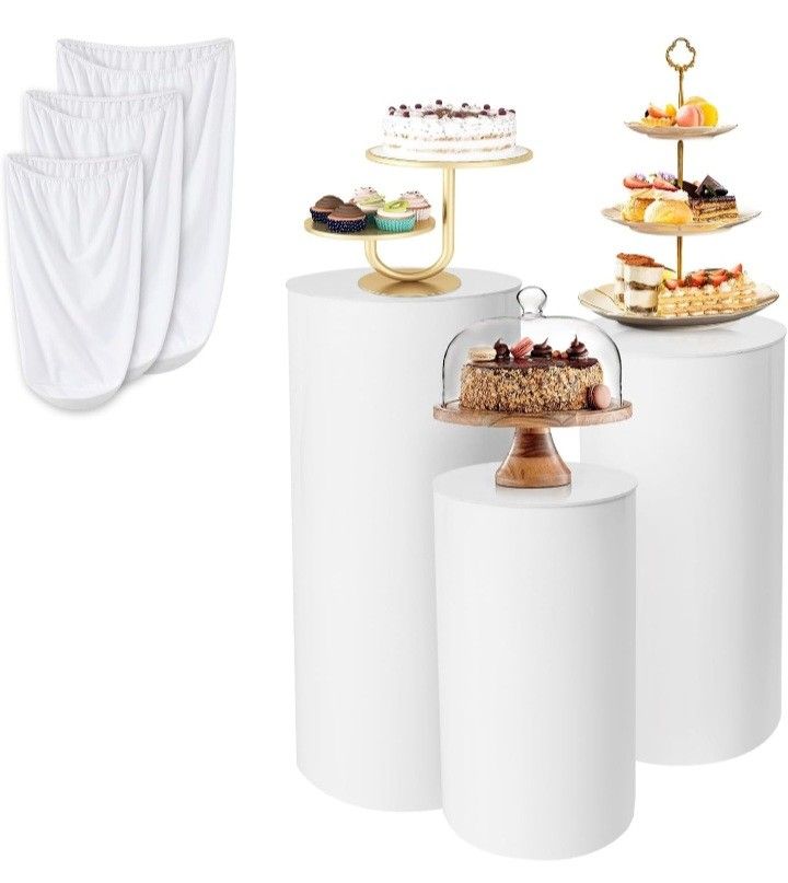 3Pcs Cylinder Stands for Party White Round Pedestal Stand (with 3pcs Spandex Cloth Cover) for Birthday Wedding Party Outdoor Indoor Decor (White).