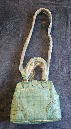 NWT Vintage Cynthia Rowley Crocodile Embossed Leather Satchel Tote Bag - Mint Green / Teal