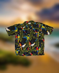 Bill Blass Men’s Size XL Black Parrot Tropical Hawaiian Cotton Button-Up Shirt