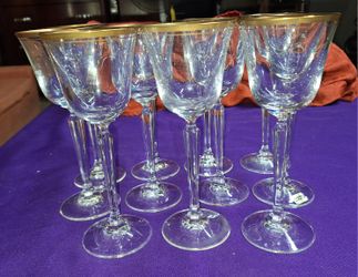Vintage Set of 11 Mikasa Lead Crystal Wheaton Goblet Wine Glass 8 inch Tall  featuring a clear hexagonal stem and a delicate gold band around the rim.