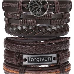 2 x Set Adjust. Size up to 9.5inc Leather Bracelet, Tree of Life (Brown-Forgiven)