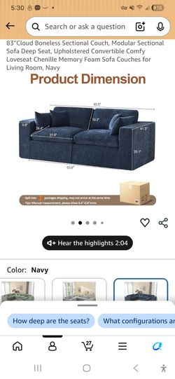 New  Navy blue 83''Cloud Boneless Sectional Couch