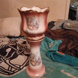 victorian romantic scene: vintage  staffordshire / england porcelain jardinières with pedestals" or "cachepot