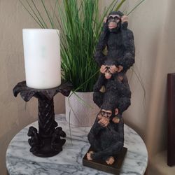 $19 Set of Hear No Evil Totem and Hear No Evil Candle Holder. Fun Decor. 