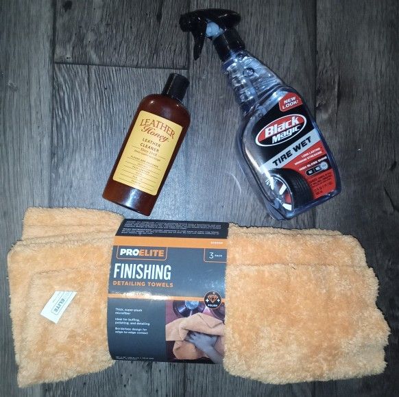 Car Detailing Package: Leather Honey Cleaner, Black Magic Tire Wet & Microfiber Towels