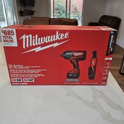 Milwaukee M18 High Torque Impact + M12 Ratchet Kit (2666-22RH) — NEW + FREE M12 XC 3.0Ah Battery