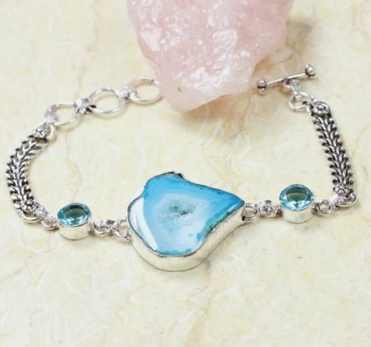 Window Druzy 925 Sterling Silver Plated Gemstone Bracelet