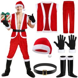 Liitrsh 6 Pcs Santa Claus Costume For Men Christmas Santa Outfit Vest Tops Santa Hat Pant Gloves Belt Shoe Covers For Cosplay (X-Large)