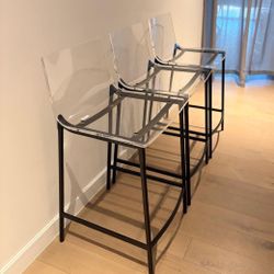 Set Of 3 CB2 Chiaro Chairs. Clear Acrylic Counter Stool With Black Legs.