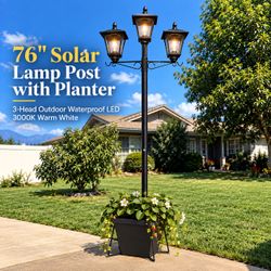 76” Solar Lamp Post with Planter – 3-Head Outdoor Waterproof LED Light