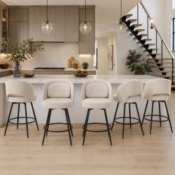 26''H Swivel Bar Stools Set of 5. Counter Height Bar Stools with Backs, Lumbar Pillow and Black Metal Frames, Upholstered Modern Barstools for Kitchen