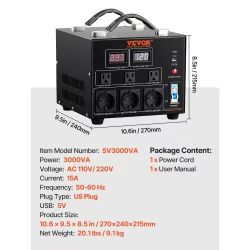  3000W Power Converter, Durable Step-Up/Step-Down Converter, Switches Between 110V and 220V, Includes US and EU Power Sockets, Plus 5V USB, CE Approve