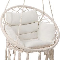 Macrame Hammock Hanging Swinging Chair with Medium Cushion, Beige