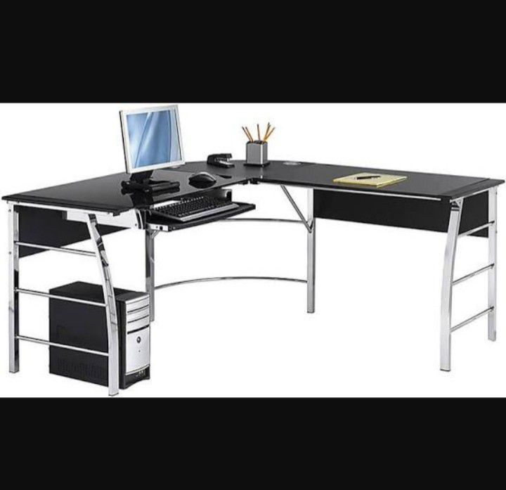 Modern black glass and silver L shape desk