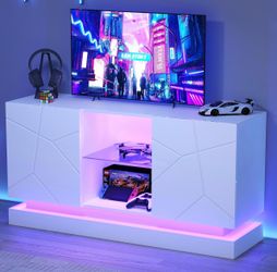 TV Stand for Up to 65 Inch, Modern Entertainment Center With LED Light, Console Table With Storage Cabinets and Adjustable Glass Shelves for Living Ro