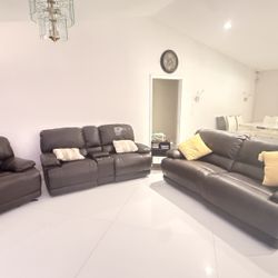 3 PCS Brown Leather Living Room Recliner Set, Electric