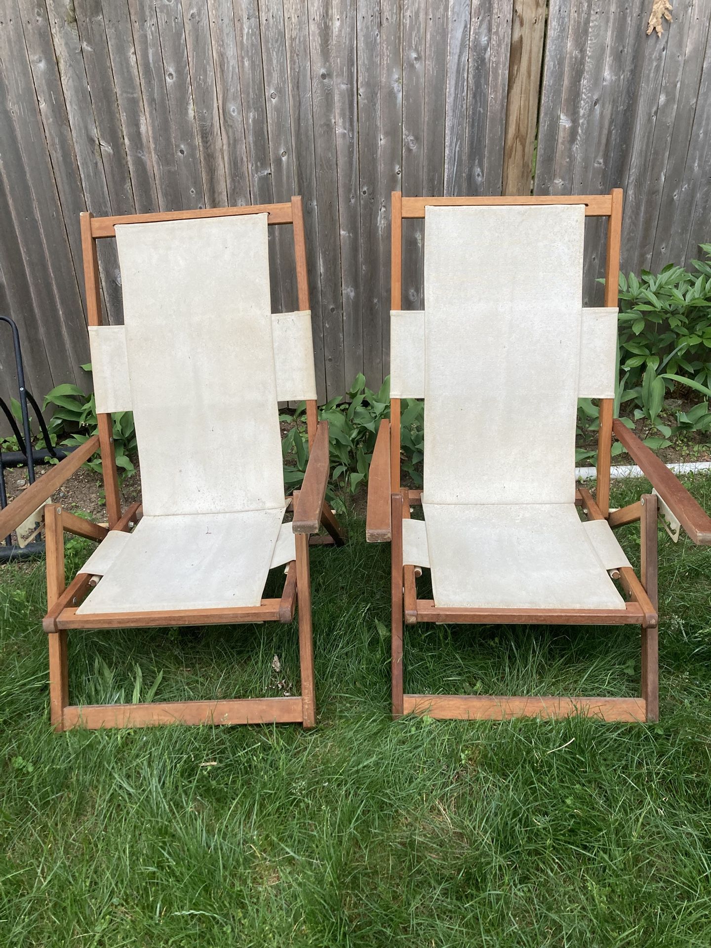 (2) Canvas & Wood Reclining Beach Chairs 