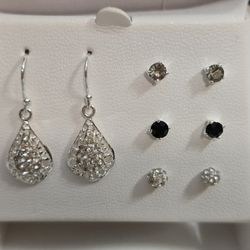Lot 4 Filigree Silver Tone Dangle Drop Earrings & Silver Black Stud Earrings Set